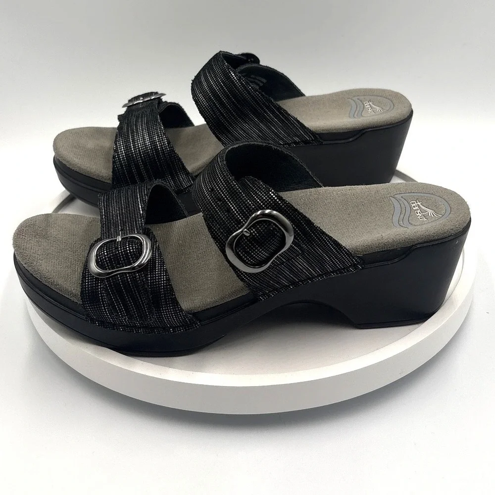 Dansko Black Metallic Striped Leather Wedge Slide Sandals 9841020200 Womens 40